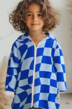 Kids Tidal Checker Hooded Towelling Robe 3-5Y