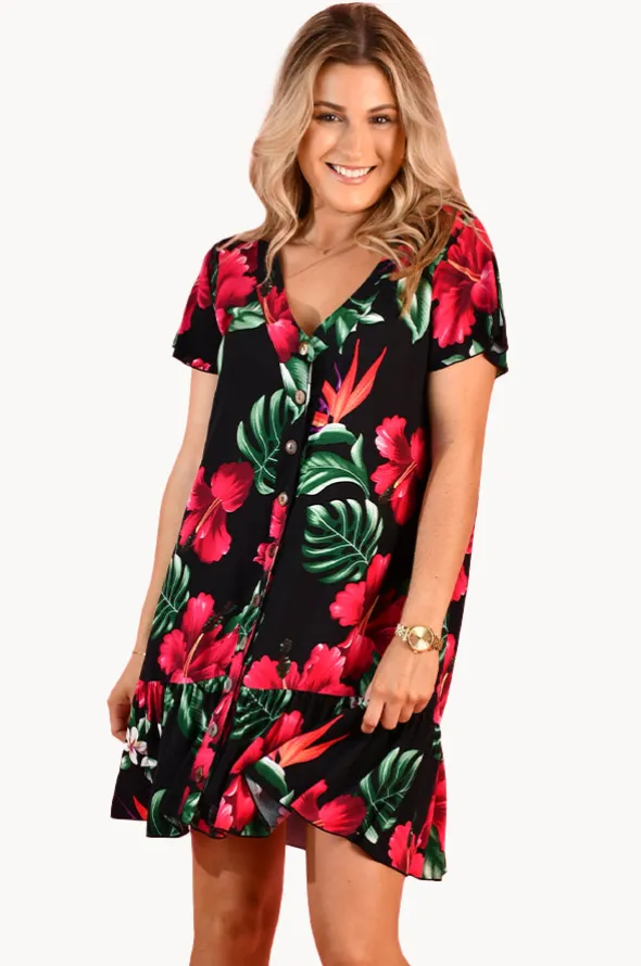 Pink Hibiscus Cap Sleeve Button Dress