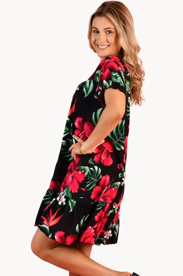 Pink Hibiscus Cap Sleeve Button Dress